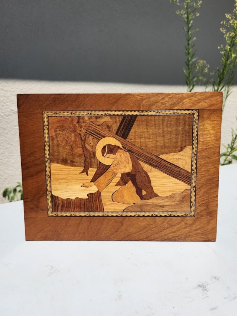 Vintage 1964 Mid-Century Jesus Cross Wood Inlay Marquetry Plaque Earnie Gahl Art